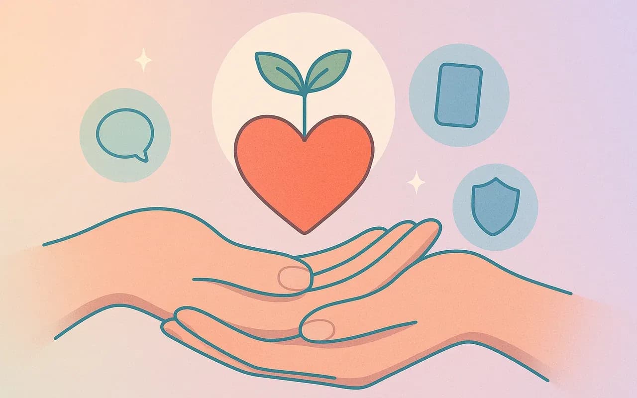 Ilustración de dos manos sosteniendo un corazón con un brote, rodeadas de íconos de apoyo (chat, teléfono y escudo), que simbolizan el acompañamiento confidencial a adolescentes.